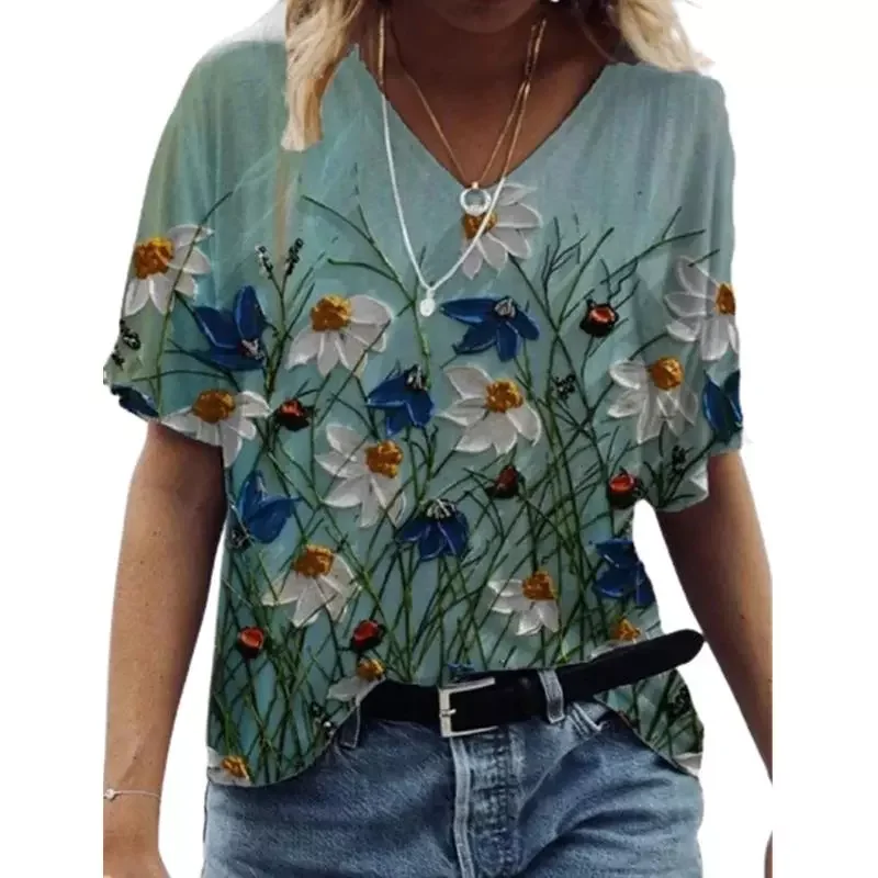 

Women T Shirt Summer Short Sleeve V-Neck Casual Streetwear Tops Plus Size 4XL 5XL Ladies 3D Floral Printed Tee 2021
