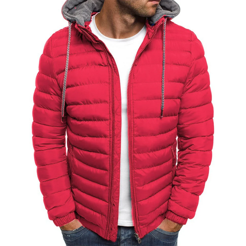 Autumn Winter New Men Cotton Jacket Hooded Thickened Down Jacket Coats Solid Color Hooded Long Sleeves Zip-Up Jackets Outer Wear