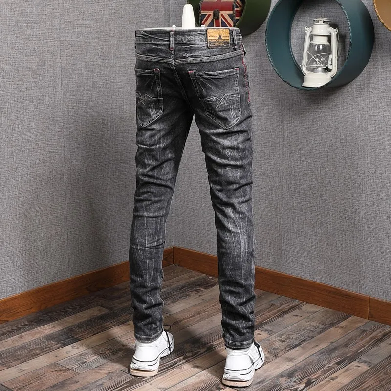 Fashion Vintage Men Jeans Retro Black Gray Elastic Slim Fit Ripped Jeans Men Trendy Trousers Italian Designer Denim Pants Hombre