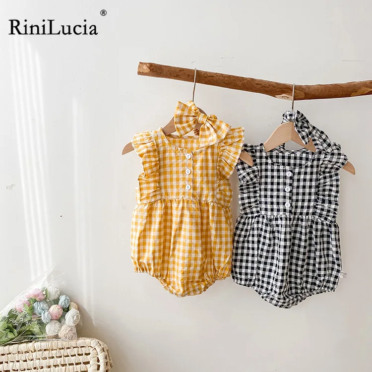 

RiniLucia 2022 Baby O Neck Summer Clothing Newborn Infant Baby Girls Cotton Sleeveless Ruffles Plaid Bodysuit Jumpsuit