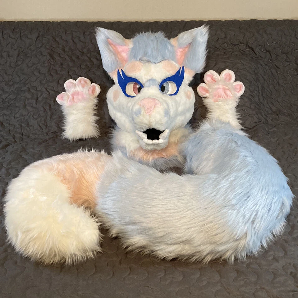 Pink White Blue Fursuit Partial Fox Dog Wolf Tail Head Gloves