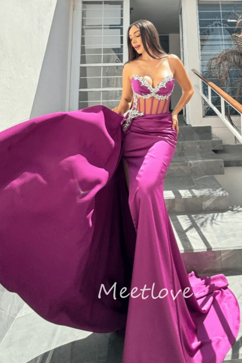 Фото Meetlove 2024, индивидуальное платье Sheanth без бретелек без рукавов, плиссированное, с бисером, кристаллическое, длиной до пола, платье для выпускного вечера, вечернее платье, торжественное платье №3