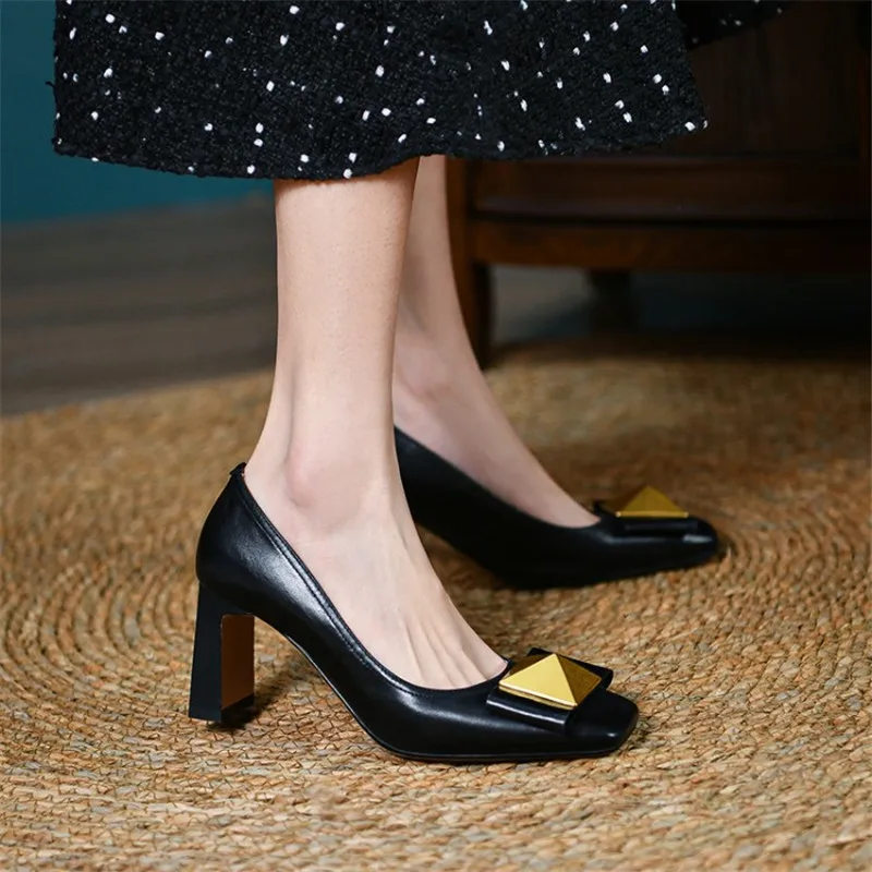

New 2022 Spring Fashion Cow Leather Women's High Heels Retro Style Square Toe Shoes Elegant Women Shoes Zapatos De Mujer Pumps