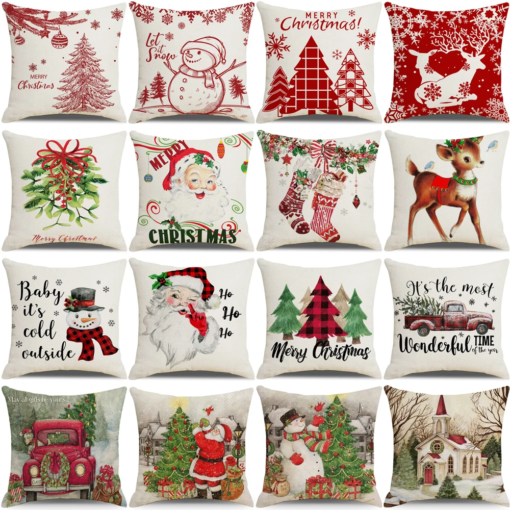 Рождественская декоративная наволочка 45x45 см с милым оленем Санта на грузовике, печатным подушкой для дома в стиле фермерского декора из льна.