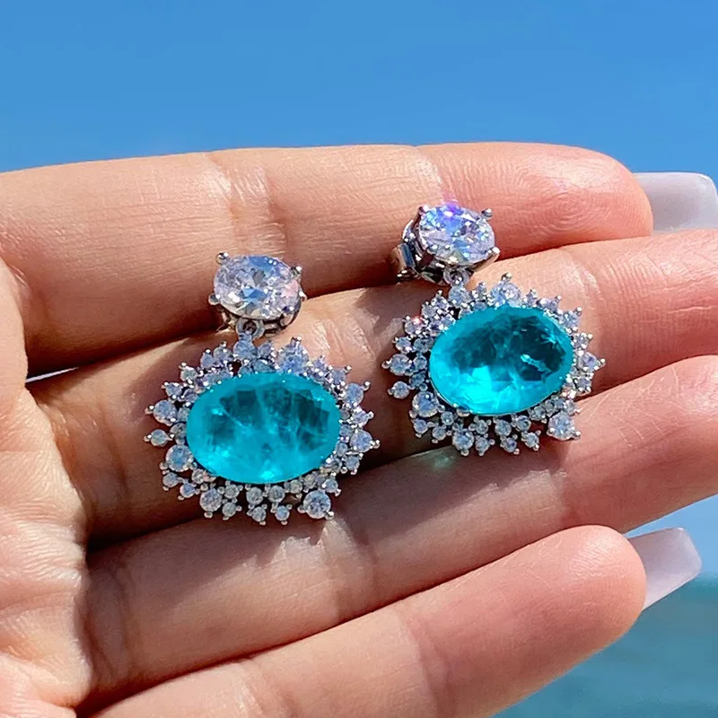 

New High-end Luxury Inlaid Sea Blue AAA Cubic Zirconia Earrings Engagement Banquet Earrings for Women Party Jewelry Wholesale