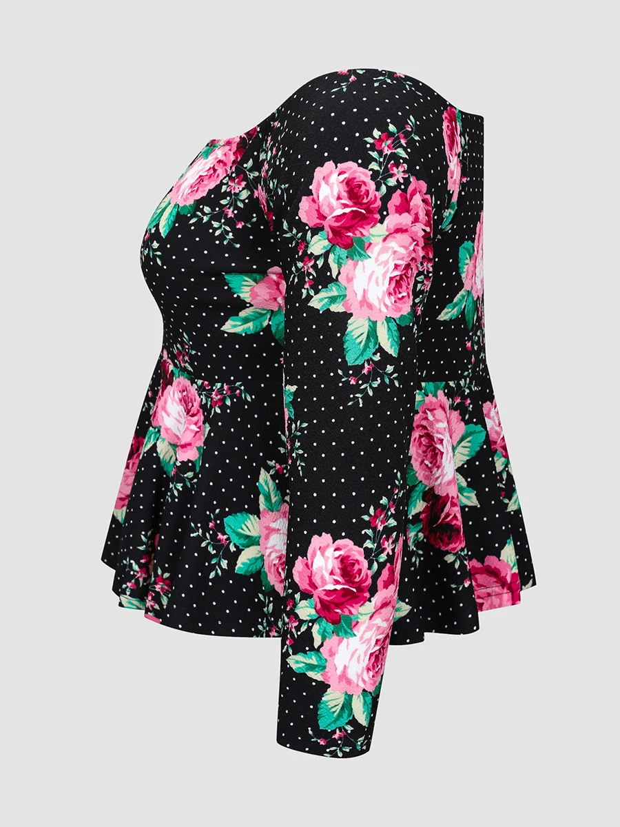 Finjani Plus Size Tee 2022 Rustic Vintage Rose Print T-Shirt Long Sleeve Women's One-piece Neck Tops