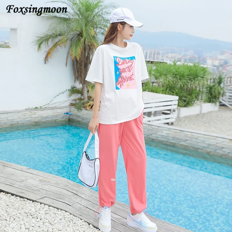 

Women's Casual Two Piece Set Fashion Printed Short Sleeve T-shirt Top Summer New Loose Sweatpants Two Piece Set Tracksuit Women