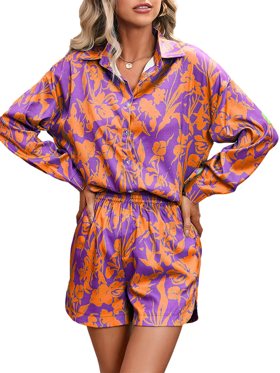 

Summer Women Casual Two Pieces Tracksuit Long Sleeve Button-Down Shirt High Waisted Shorts Set