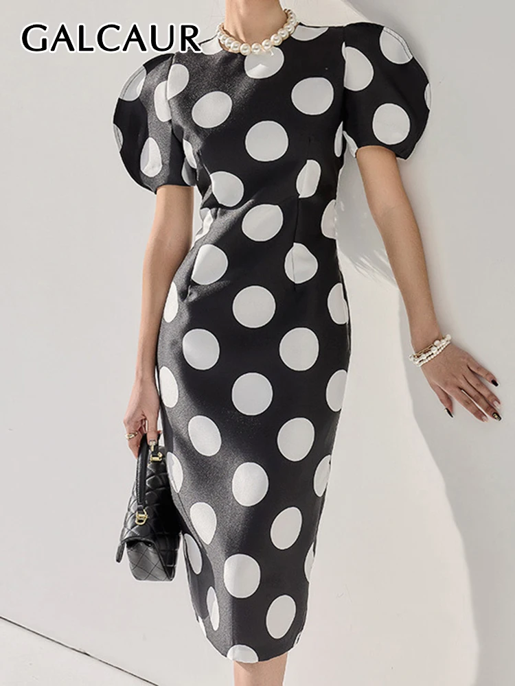 

GALCAUR Dot Print Formal Dresses For Women O Neck Puff Sleeve High Waist Slimming Hit Color Folds Bodycon Midi Dress Female 2023