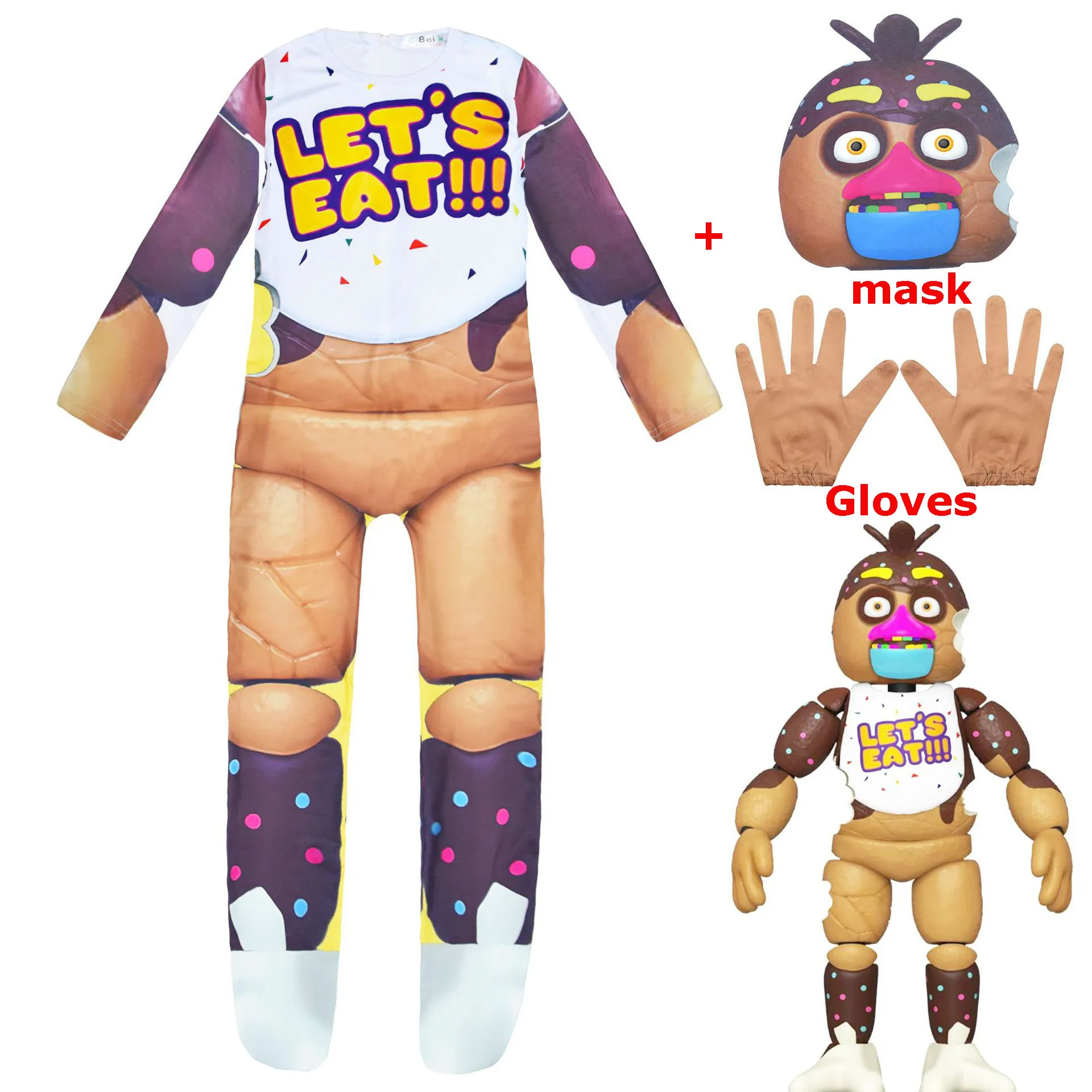 Kids Sundrop FNAF Sun clown Freddie Cosplay Halloween Costume for Boys Anime Cos Girls Bodysuit+Mask Gloves Funny Party Jumpsuit