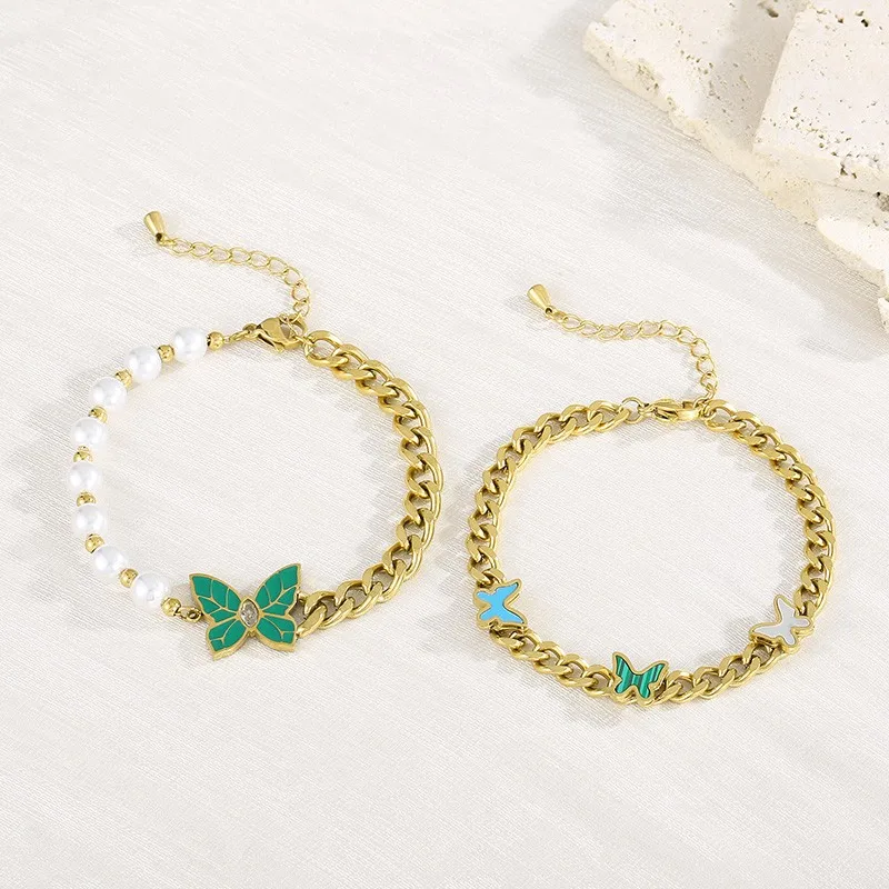 

Imitation Pearl Splice Chain Butterfly Bracelets For Women Girl Exquisite Stainless Steel Bracelet Female Luxury Jewelry Gifts