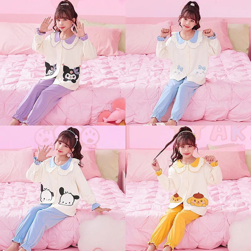 

New Kawaii Sanrioed Kuromi Cinnamoroll Pochacco Kids Pajamas Girl Loungewear Boy Sleepwear 2023 Autumn Children Homewear Clothes