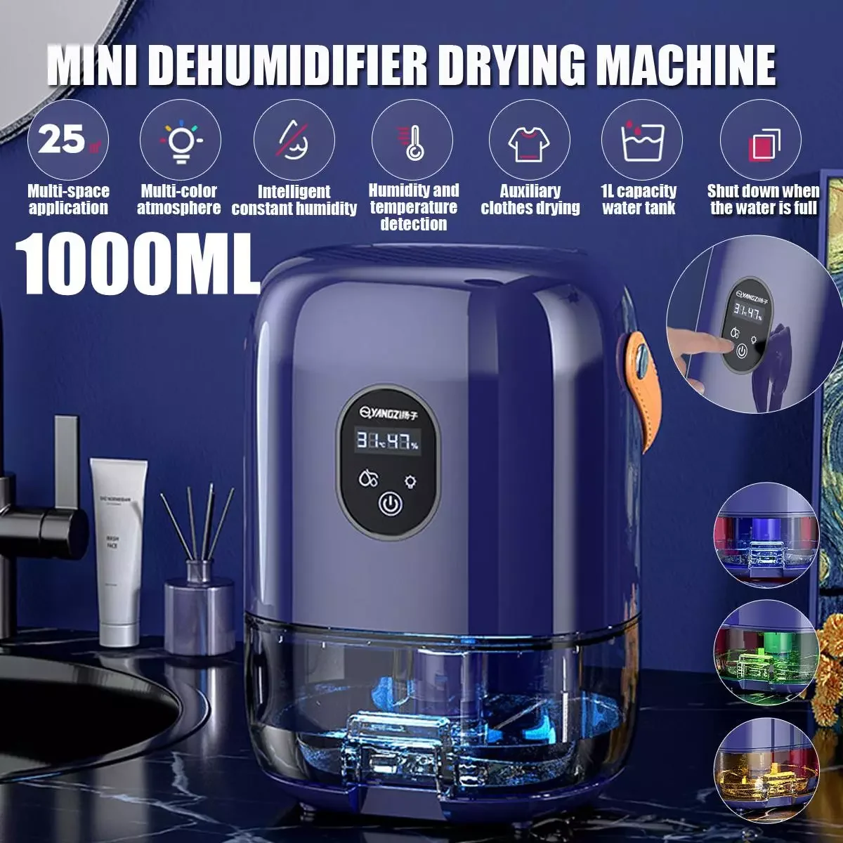

Dehumidifier 1000ML 40W Low Noise Portable dryer Anti-Mildew Purification Portable Cleaning Device Air Dryer Moisture