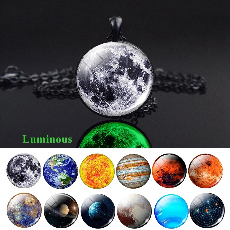 Glowing In The Dark Galaxy Planet Necklace Solar System Earth Moon Jupiter Mercury Saturn Glass Pendant Necklace Space Jewelry