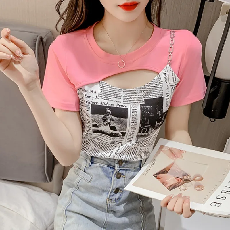 

Кроп-топ женский с вырезами, пикантная облегающая футболка с коротким рукавом, с буквенным принтом, асимметричный дизайн, в Корейском стиле,...