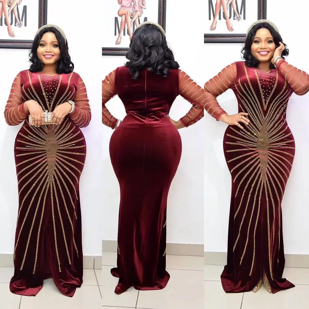 

2022 Hot Diamond Beaded Velour Women Dress Muslim Robe Abayas Mesh Long-sleeve Bag Hip African Maxi Dress Elegant Party Gowns