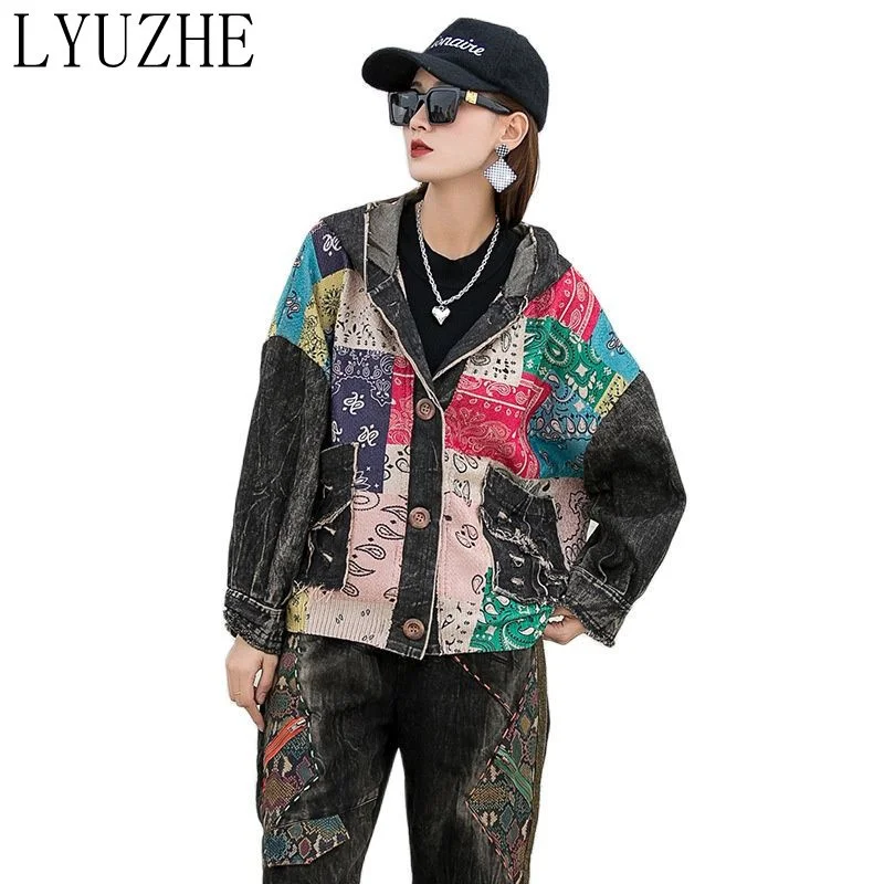 

LYUZHE 2022 Spring Autumn Hooded Long Sleeve Jacket Fashionable Personality Print Stitching Washed Loose Denim Jacket TT101L