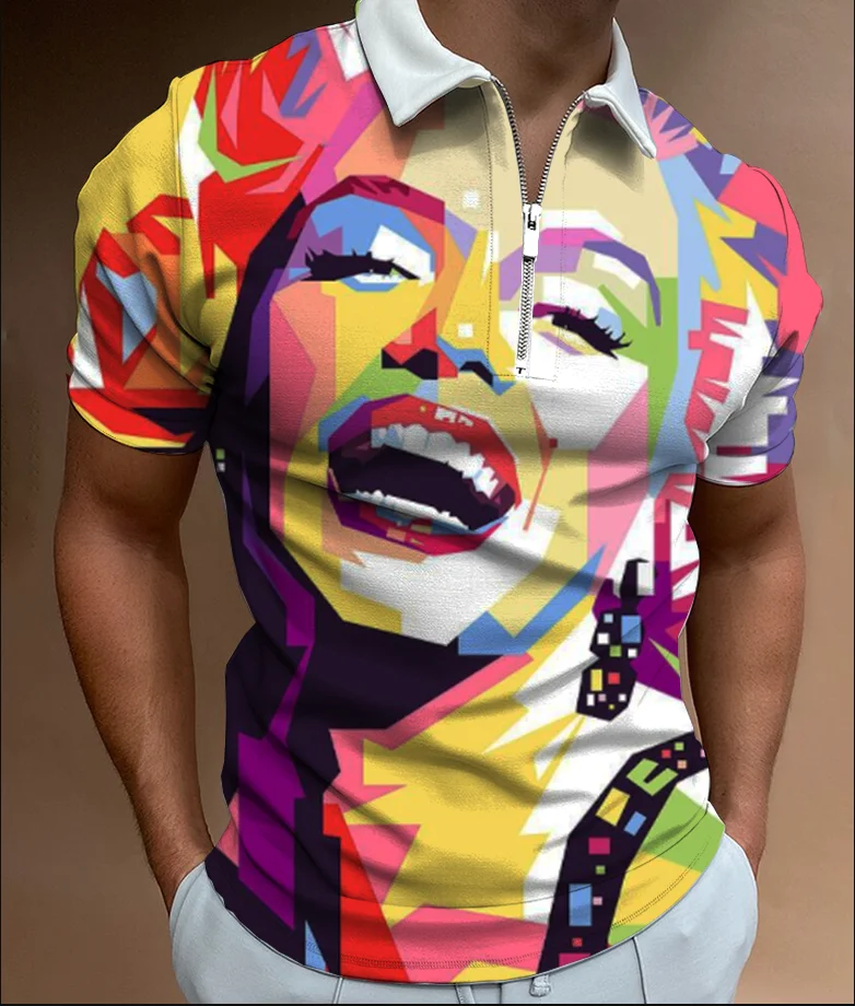 

2022 Summer Men's Zipper Polo Shirt Fashion Striped Print Polo Shirts Men Streetwear Casual Short Sleeve T-Shirt Men Polos Tops