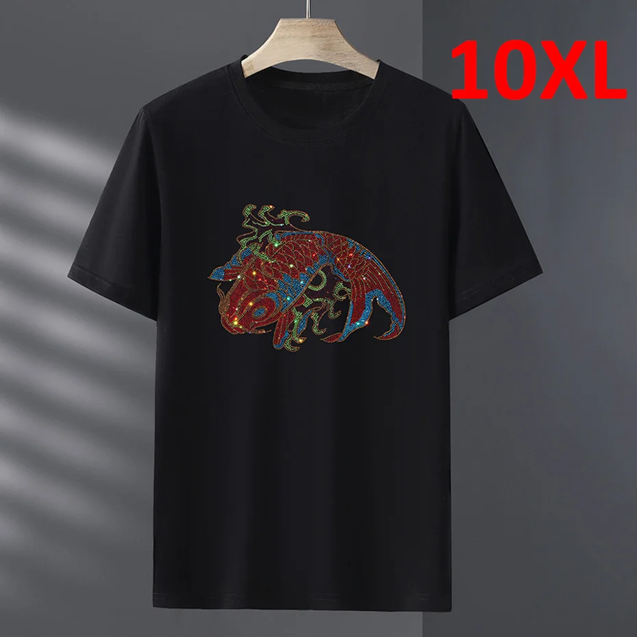 

Fish Rhinestone T-shirt Men Short Sleeve T Shirt Plus Casual Fashion Summer Tops Tees Big Size 10XL