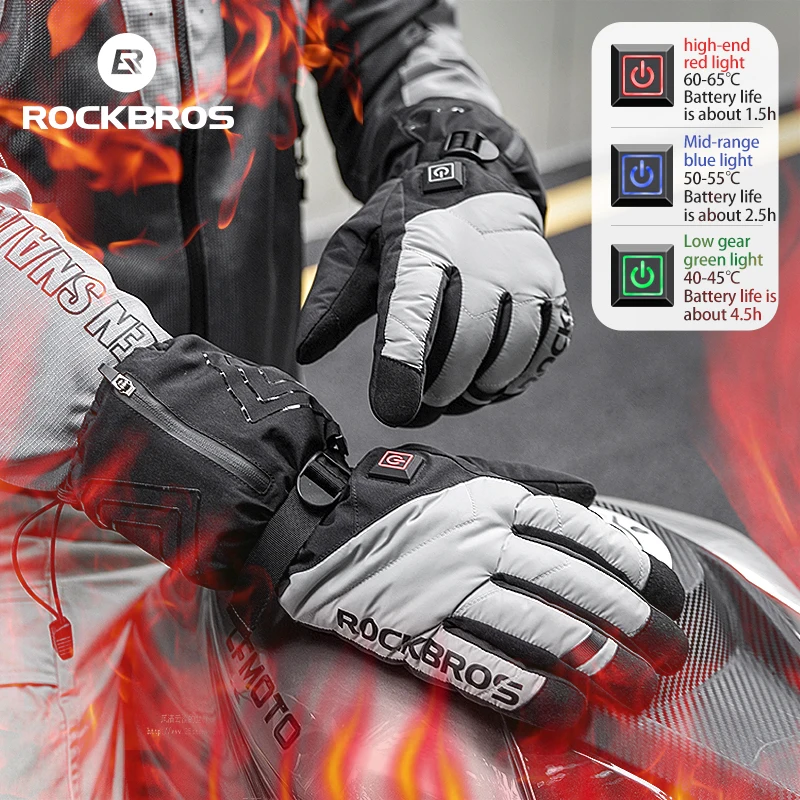 ROCKBROS Bike Gloves Winter Warmer Skiing Gloves Motorcycle Heating Windproof Waterproof Snowboard Full Finger Bicycle Gloves