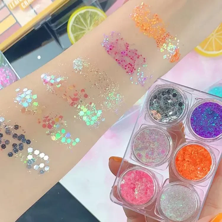 

NEW2023 6pcs/box Mermaid Sequins Gel Hair Body Face Sparkly Glitter Gel Heart Loose Sequin Shimmer Pigment Diamond Festival Eye