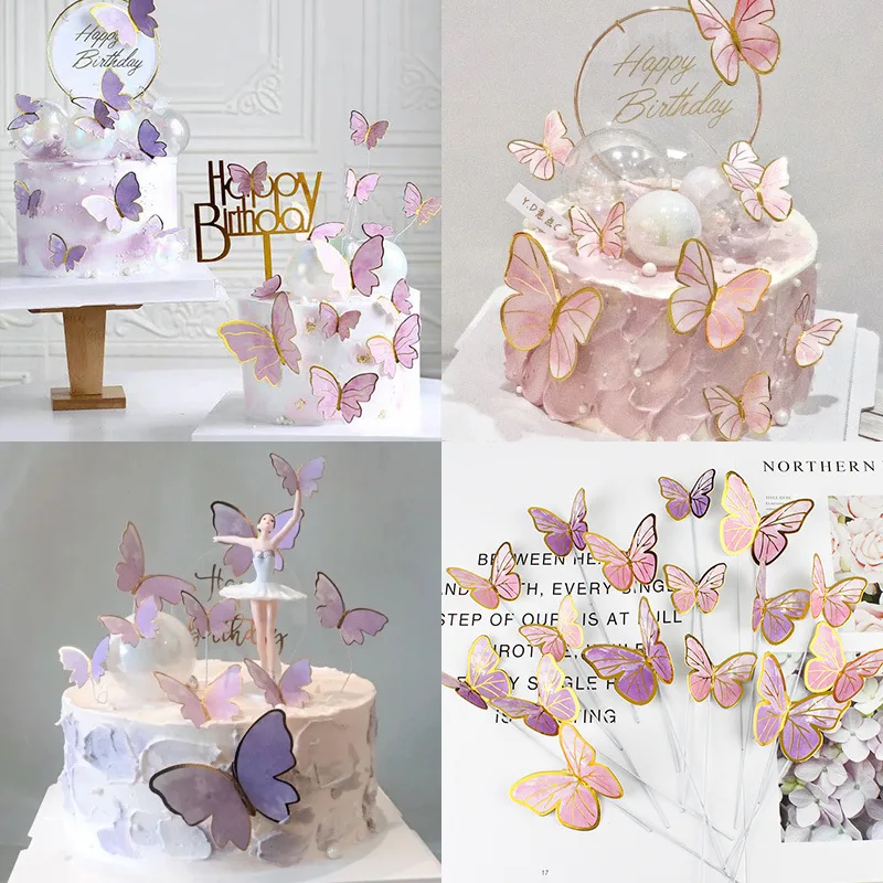 

10pcs Gold Pink Butterfly Cake Toppers Princess Girl Favors Wedding Happy Birthday Party Decoration Dessert Cake Decor Butterfly