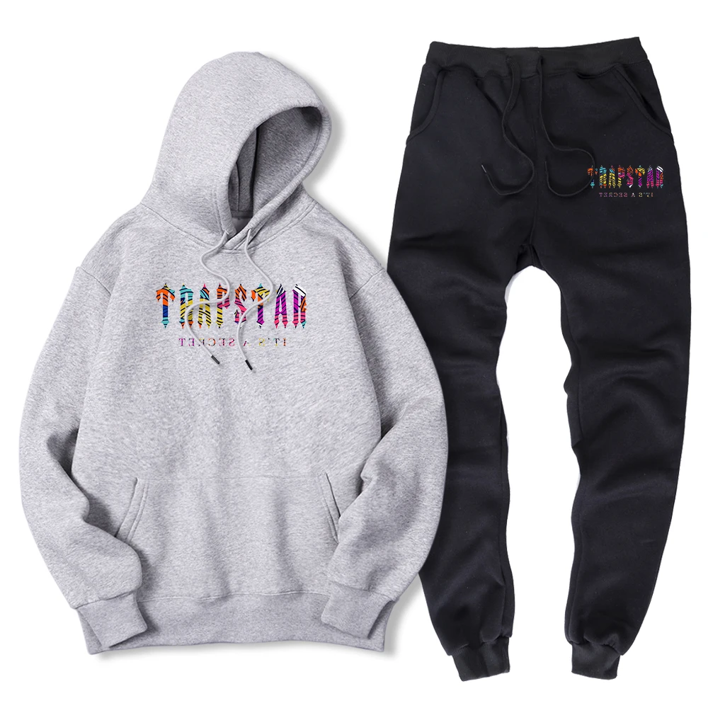 

Colored Trapstar Aesthetic Brand Print Men 2 Piece Sets Winter Warm Fleece Hoody + Pants Loose Fashion Sweatshirt + Sweatpant