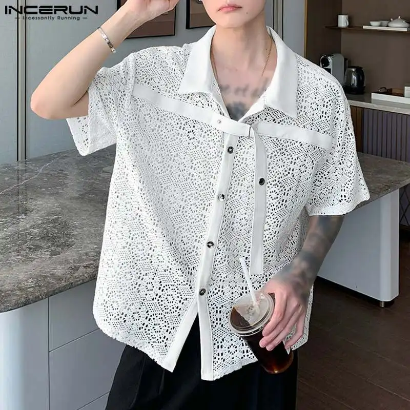 

Korean Style New Men's Fashionable Lace Patchwork Metal Buckle Blouse Handsome Male Short Sleeved Shirts S-5XL INCERUN Tops 2023
