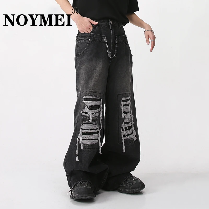 

NOYMEI Hole Design Chic Loose Patchwork Pockets Solid Color Trousers Zipper 2023 New Spring Straight Pants Fashion Jean WA159