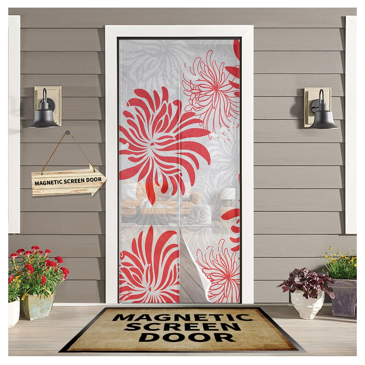 

Chrysanthemum Texture Red Ash Christmas Magnetic Gauze Door Window Screen Anti Mosquito Net Door Curtain Room Divider Screens