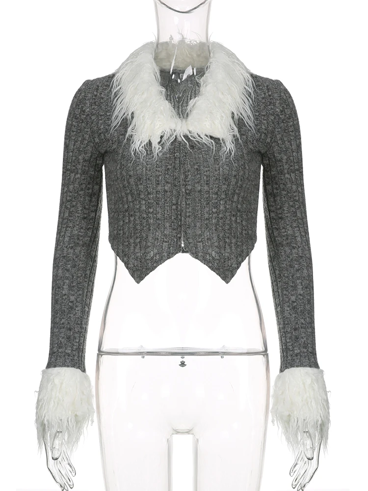SUCHCUTE Y2K Sweet Faux Fur Collar And Cuffs Patchwork Sweater Cardigans Women Grunge Fall Winter Zip Up Gray Bodycon Sweaters