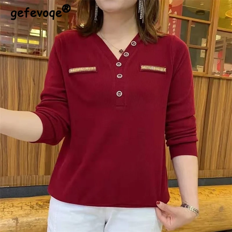 Купи Autumn 2022 V Neck Button Pullovers Blouses Casual Middle Women Clothing Long Sleeve Solid Color Tee Shirt Ladies Loose Tops New за 979 рублей в магазине AliExpress