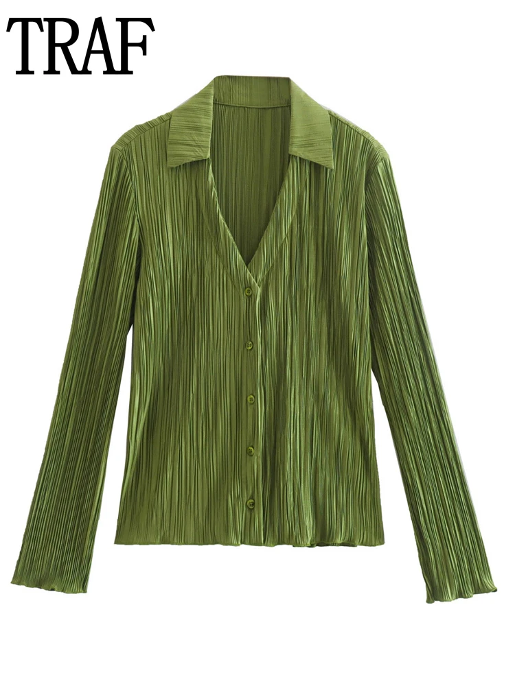 

Зеленая женская рубашка TRAF 2022, блузка с длинным рукавом, женская рубашка с воротником на пуговицах, Женская Повседневная Уличная одежда в Ко...