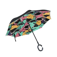 angry shark hand drawn long handle windproof car reverse umbrella rain women double layer inverted self stand umbrella parasol