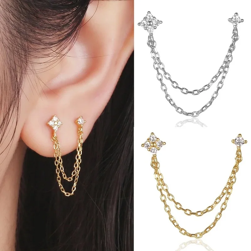 

Double Stud Chain Tassel Earrings Genuine 925 Sterling Silver Sparkling AAA Zircon Piercing 18K Gold Plated Party Jewelry Gifts