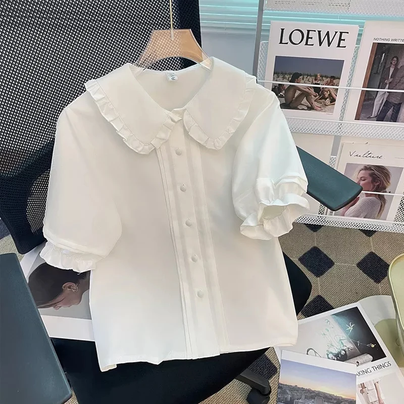 White Shirt Women Kawaii Doll Collar Preppy Style Blouses Girls Sweet Puff Sleeve Short Sleeve Chiffon Top Blusas De Mujer 2022