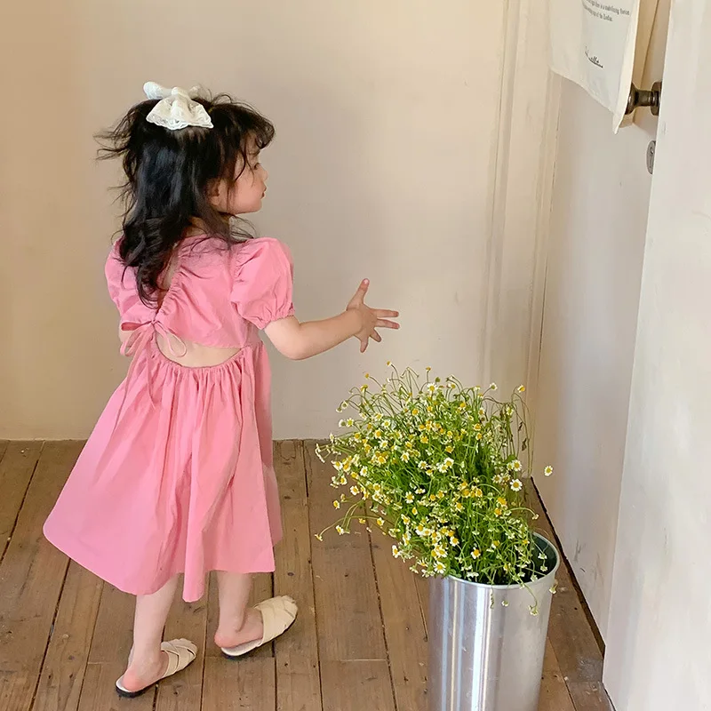 

Girls Halter Dress Summer Kids Girl Pink Princess Dresses Baby Short Puff Sleeve Dress Cotton Children Clothing 1-6Y