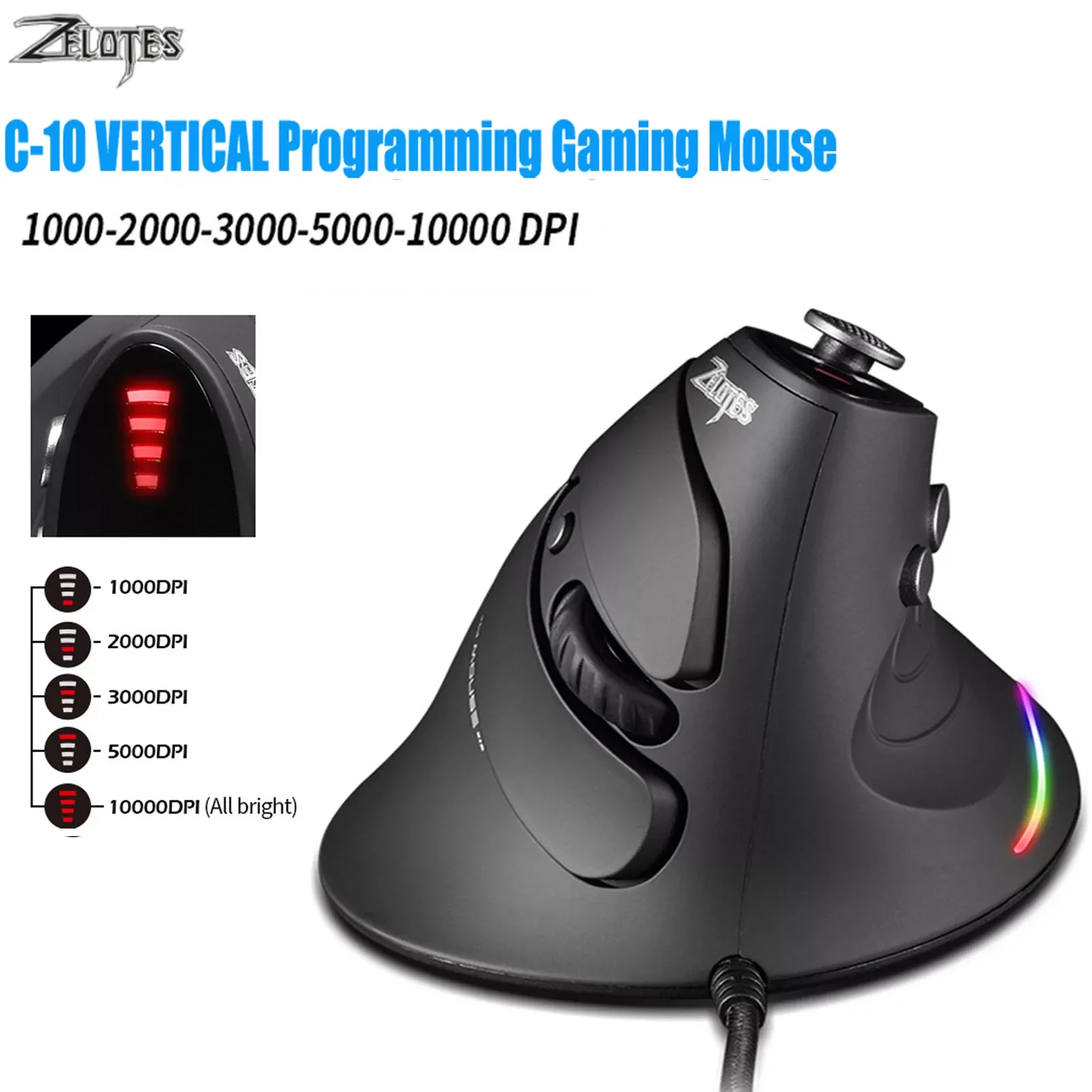 

ZELOTES Gaming Mouse Vertical Wired Mouse Optical RGB Light Upright Mice For Desktop Laptop PC Gamer Mice 5 Modes 10000DPI C-10