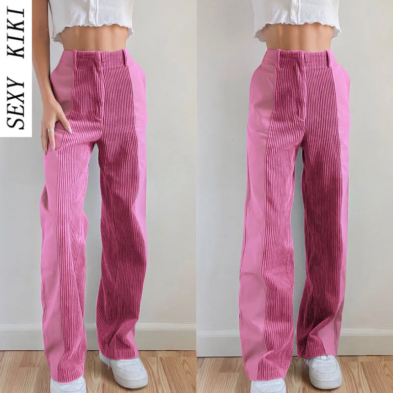 2022 autumn and winter women's straight-leg pants loose color matching casual pants solid color corduroy pants women's fashion