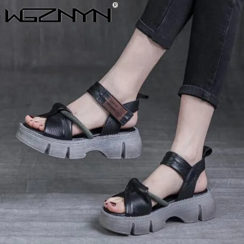 

2022 New Summer Roman Shoes Women Sandals Retro Genuine PU Leather Women Wedges Platform Sandals Peep Toe High Heel Sandals