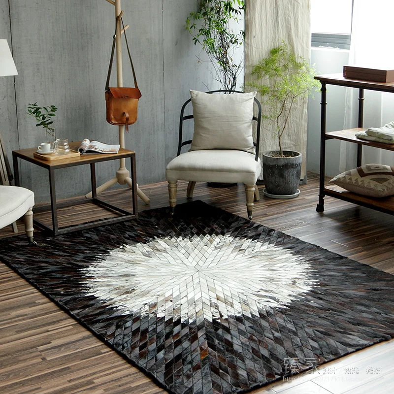 

Black White Genuine Cow Leather Living Room Carpet Natural Leather Rug Modern Bedroom Home Sofa Floor Mat Nordic Carpets Parlor