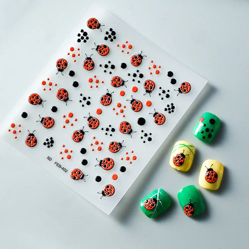 Ladybug 5D Nail Stickers Decals Foils Sliders Back Glue Nail Stickers Nail Supplies