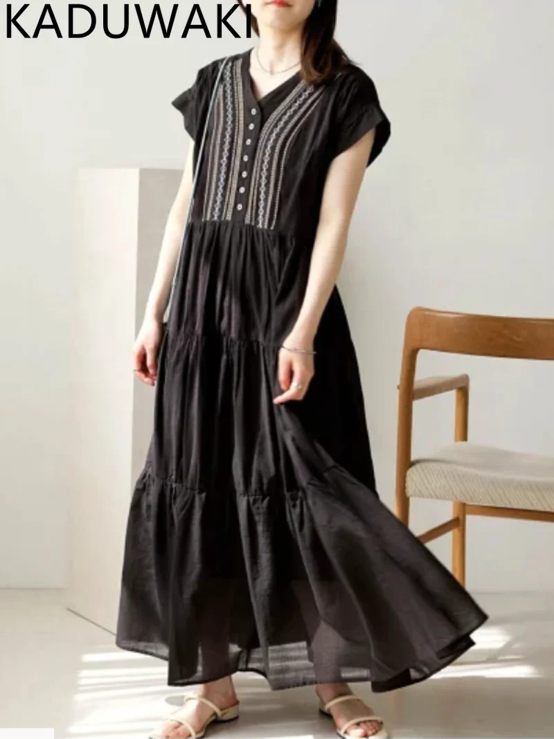 Embroidery V-neck Lace-up Dress for Women Loose Elegant Single Breasted Ruffles Dresses Female 2023 Summer New Trend Vestidos