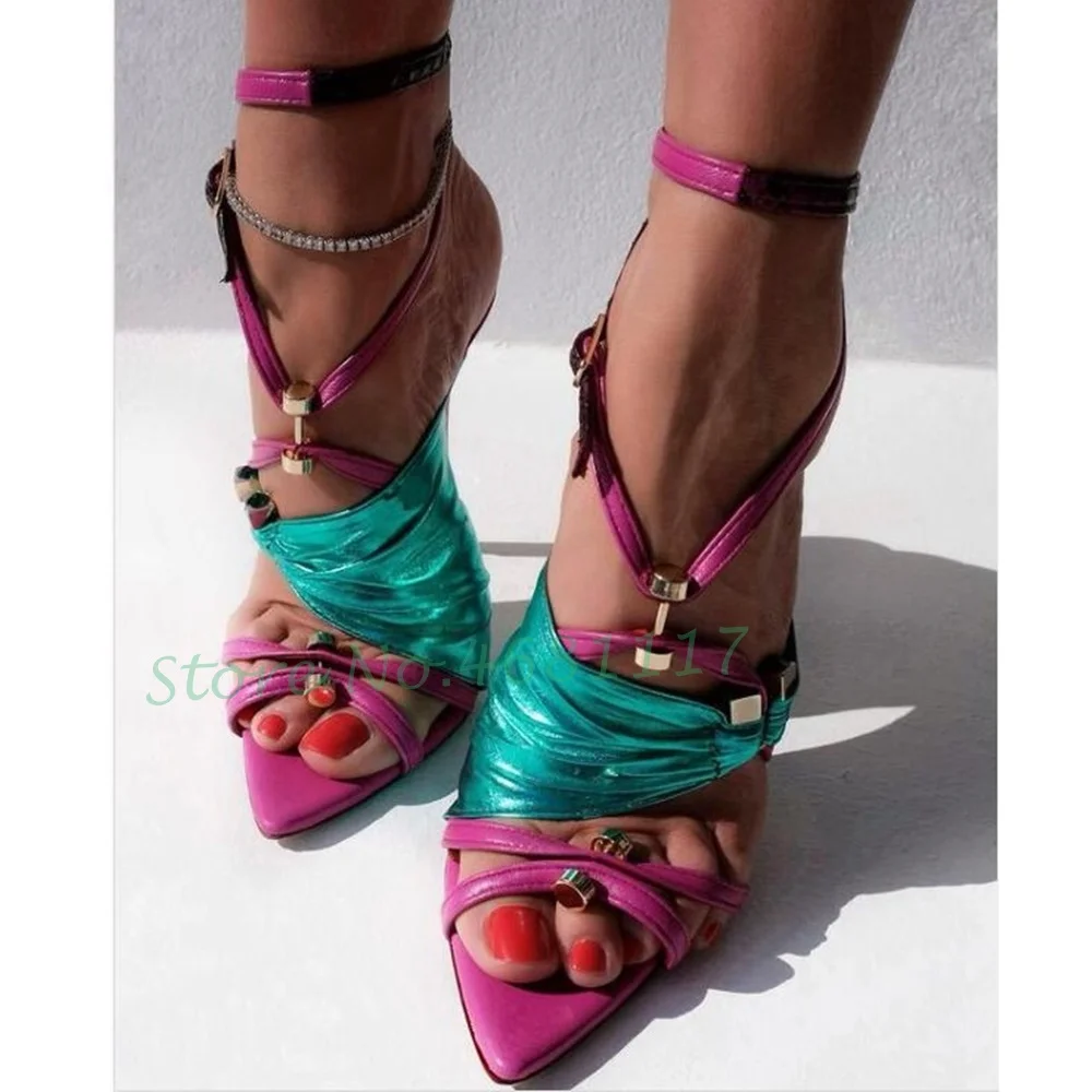 Neon Pink Color Strap Buckle Sandals Women Metal Rivets Heels Patent Leather Thin Heels Party Shiny Sandals 2022 Summer Shoes images - 6
