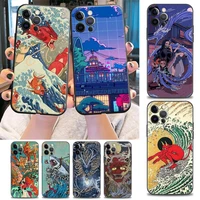 japanese wave anime dragon phone case for iphone 5 6 7 8 plus se 2020 2022 11 12 13 pro xs max mini xr case black silicone cover