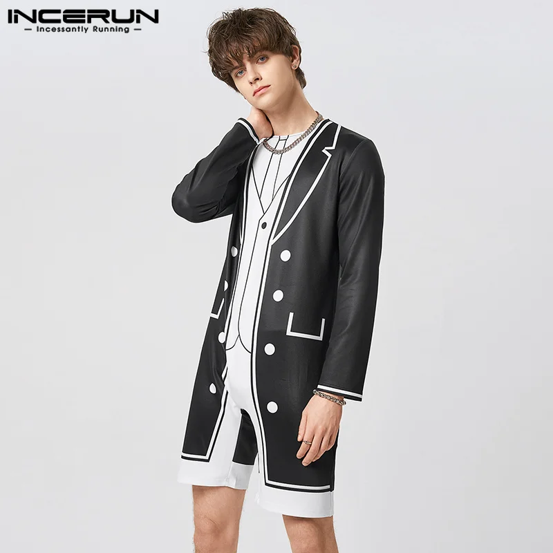 

Fashionable New Men's Bodysuit INCERUN 2Color Contrast Rompers Casual Streetwear Male Printed Long-sleeved Jumpsuits S-5XL 2023