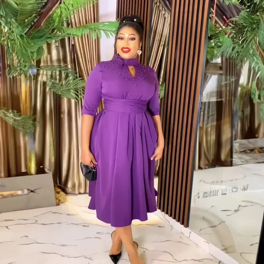 African Party Evening Dresses for Women Elegant 2024 Spring Half Sleeve Solid Color Midi Dress Dashiki Africa Clothing