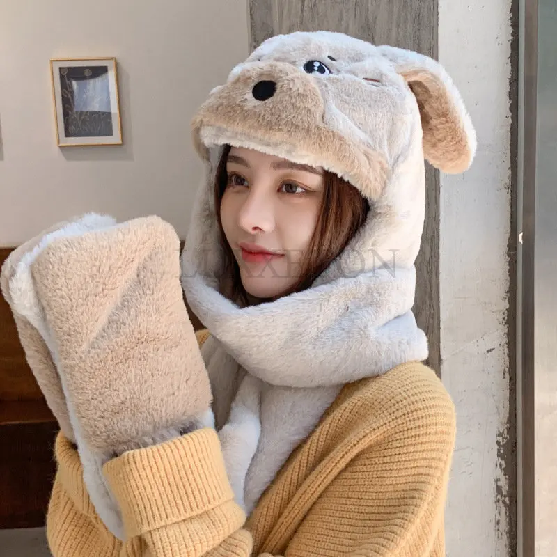 

Korea Cute Little Pig Color Matching Plush Hooded Scarf One Female Winter Warm Earmuff Hat Gloves Three-piece Set