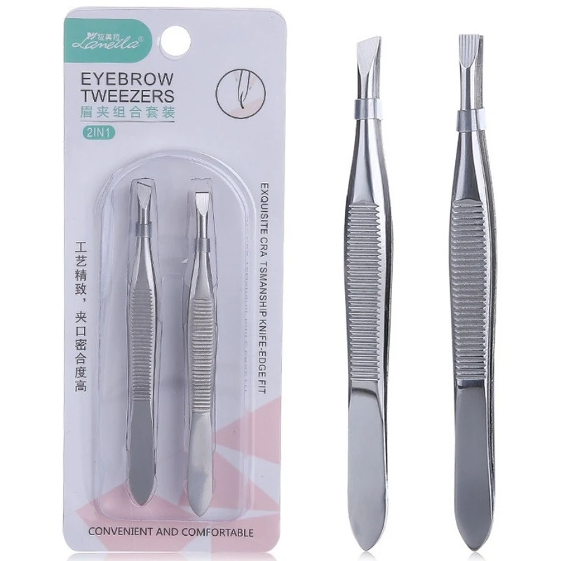 

2pcs / set of flat mouth oblique mouth silver eyebrow clip stainless steel eyebrow pulling forceps False Eyelash Extension clip