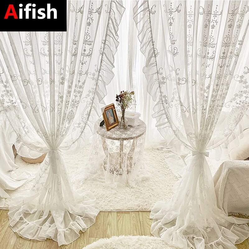 

White Linen Sheer Embroidered Tulle Curtain for Girl Princess Bedroom French Romantic Ruffled Lace Voile Window Decoration Drape